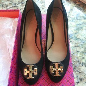Tory Burch Luna Wedge Shoes, Black Kid Suede
